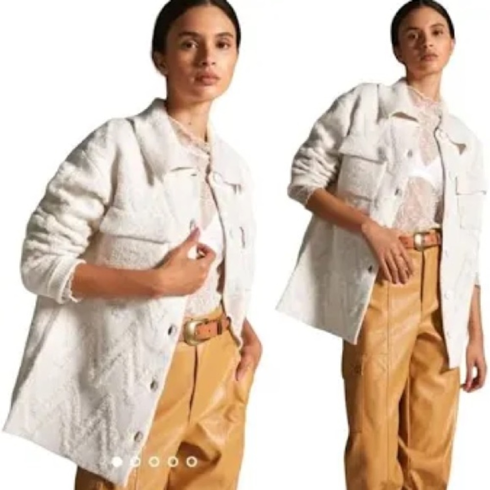 ANTHROPOLOGIE Sz M FLAT WHITE SWEATER COAT IVORY